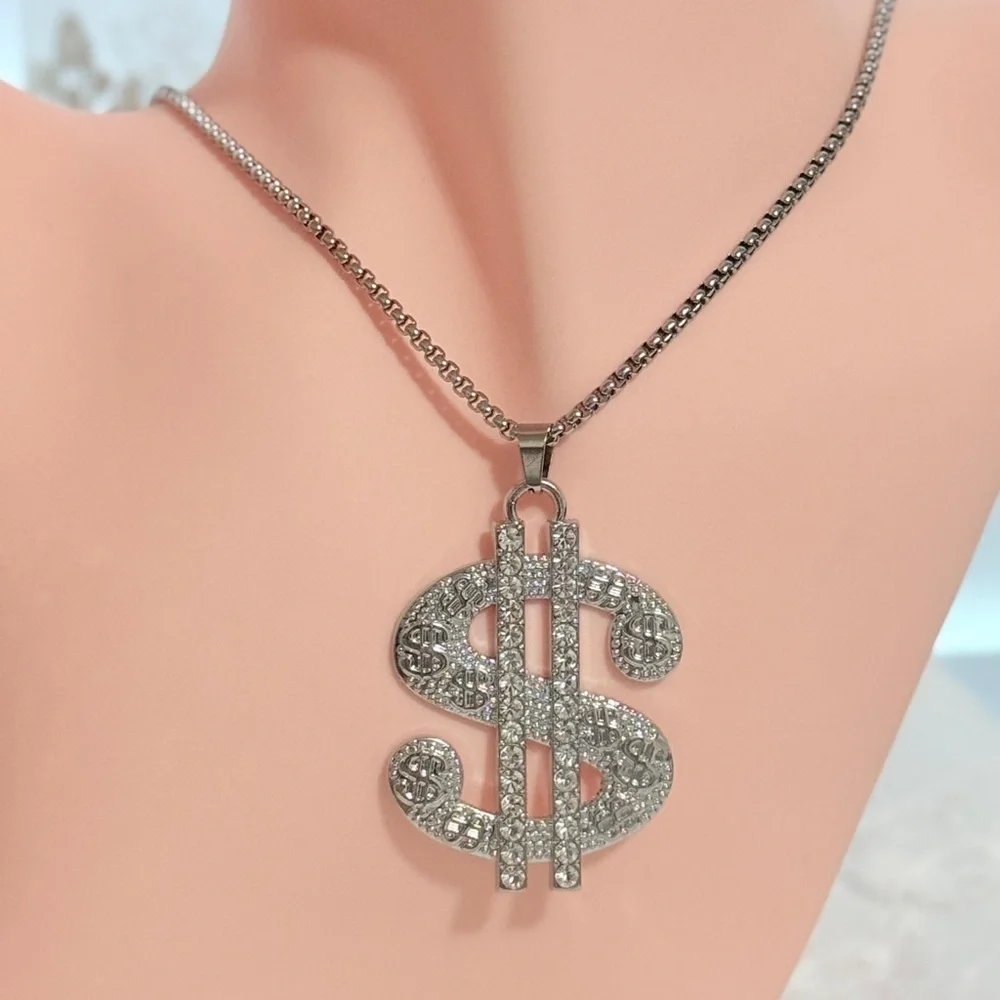 Silver Dollar Sign Pendant Necklace.